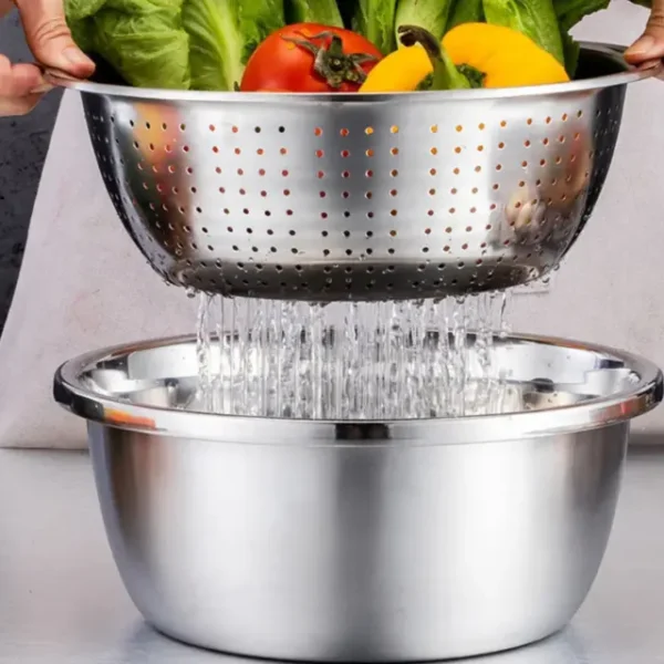 3-in-1 Stainless Steel Vegetable Cutter with Drain Basket (2) 3-in-1 Stainless Steel Vegetable Cutter with Drain Basket