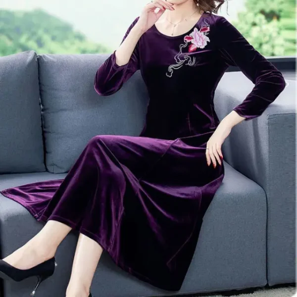 Gold Velvet Embroidered Dress Autumn