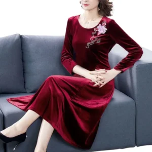 Gold Velvet Embroidered Dress Autumn