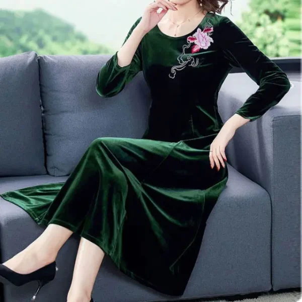 Gold Velvet Embroidered Dress Autumn